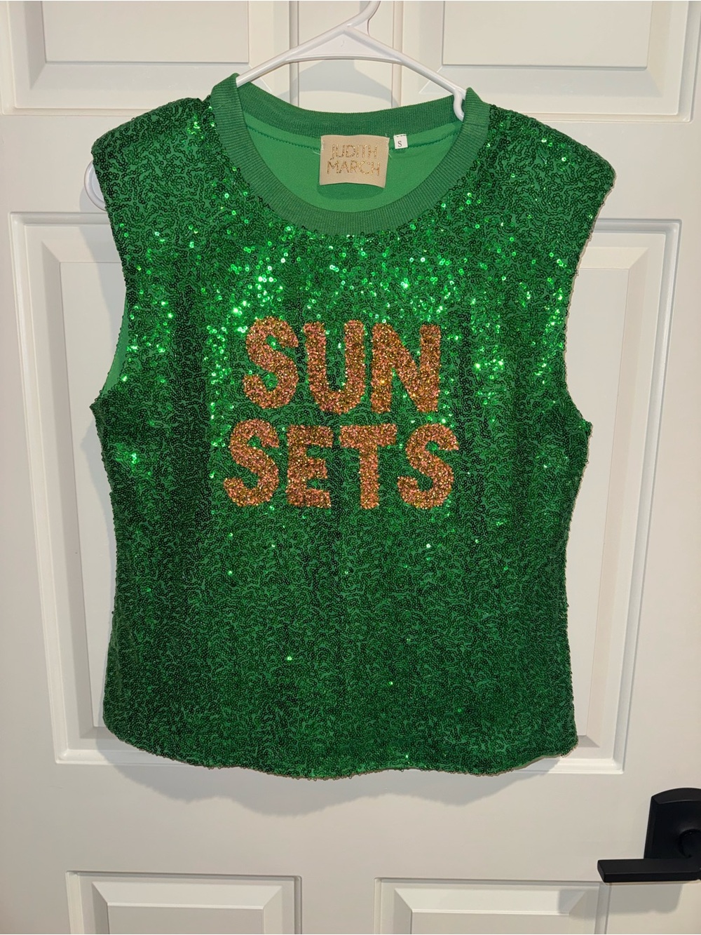 Judith March Green Sequin Tank with Gold 'SUNSETS' Lettering